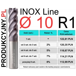 Frez z promieniem naroża Ø 10 R1 INOX LINE
